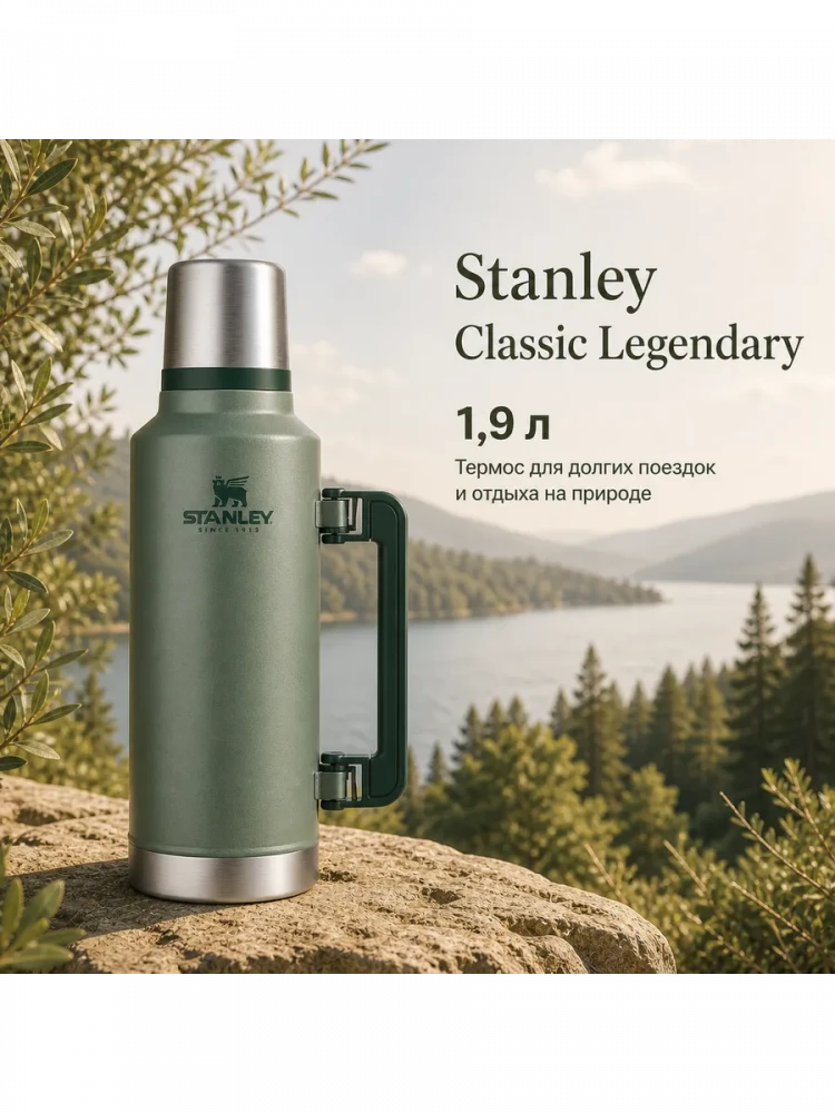 Термос Stanley Classic, 1,9 л, тёмно-зелёный