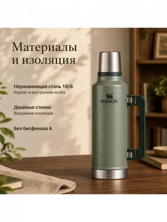 Термос Stanley Classic, 1,9 л, тёмно-зелёный