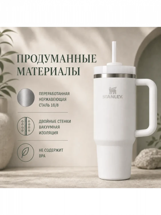 Термокружка Stanley Quencher H2.0, 1,18 л, с трубочкой, белая