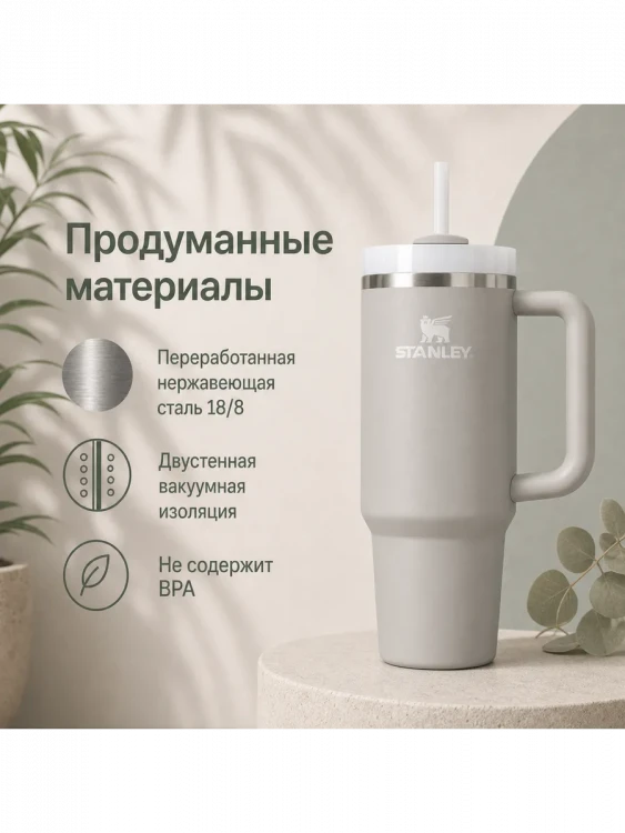 Термокружка Stanley Quencher H2.0, 1,18 л, с трубочкой, пепельно-серая