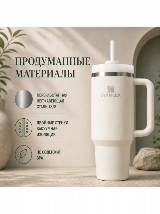 Термокружка Stanley Quencher H2.0, 1,18 л, с трубочкой, кремовая