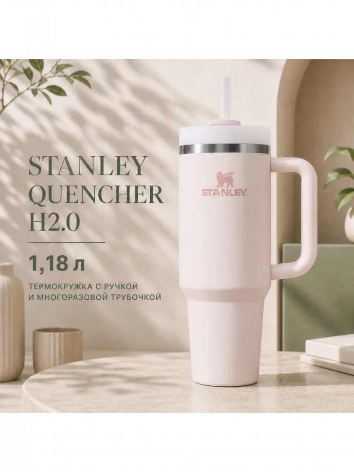 Термокружка Stanley Quencher H2.0, 1,18 л, с трубочкой, розовая