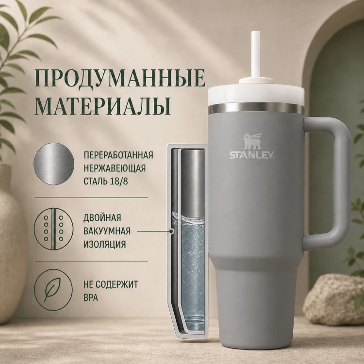 Термокружка Stanley Quencher H2.0, 1,18 л, с трубочкой, серая