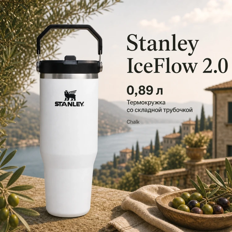 Термокружка Stanley IceFlow Flip Straw 2.0, 0,89 л, белая с черным