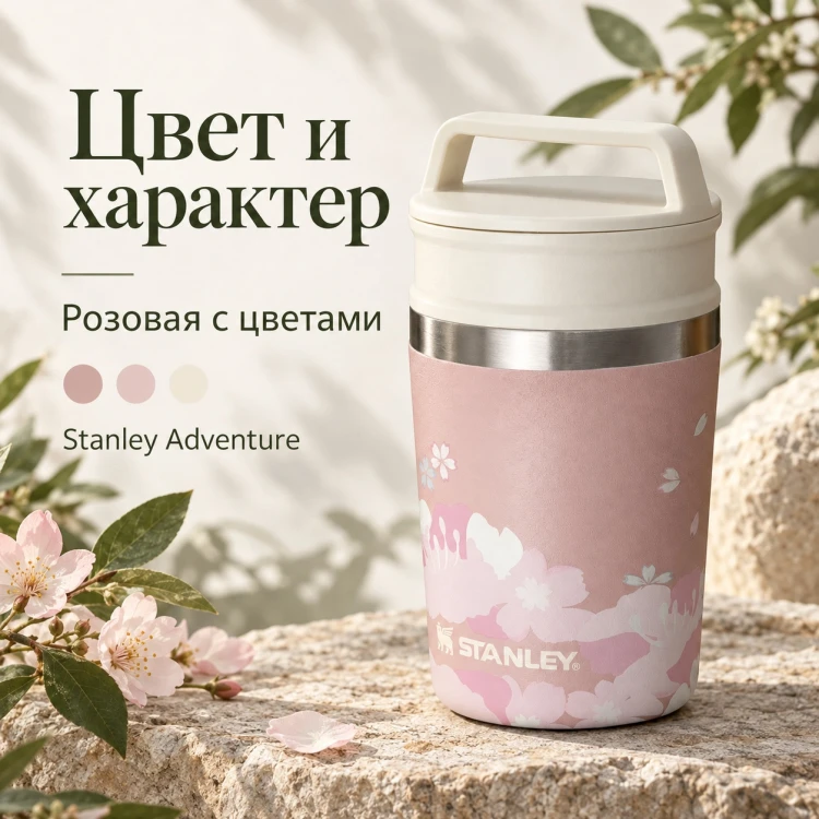 Термокружка Stanley Adventure, 0,23 л, розовая с цветочным рисунком