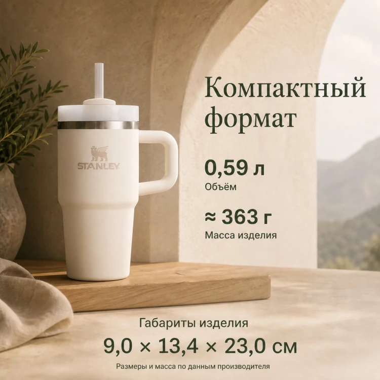 Термокружка Stanley Quencher H2.0, 0,59 л, с трубочкой, бежевая