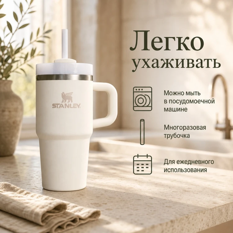Термокружка Stanley Quencher H2.0, 0,59 л, с трубочкой, бежевая