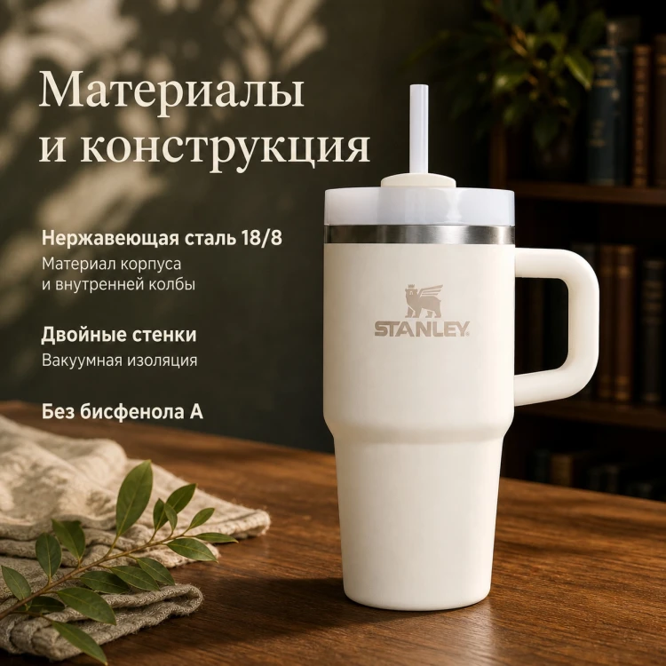 Термокружка Stanley Quencher H2.0, 0,59 л, с трубочкой, бежевая