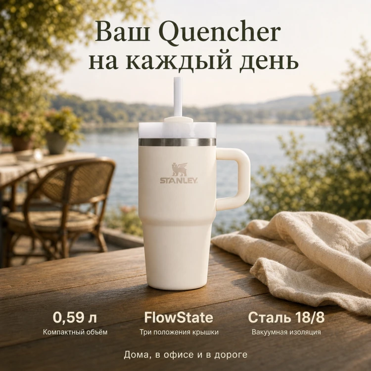 Термокружка Stanley Quencher H2.0, 0,59 л, с трубочкой, бежевая