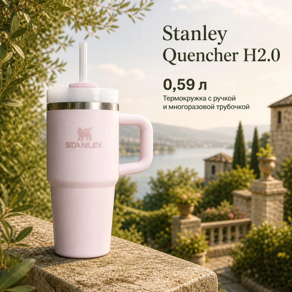 Термокружка Stanley Quencher H2.0, 0,59 л, с трубочкой, розовая