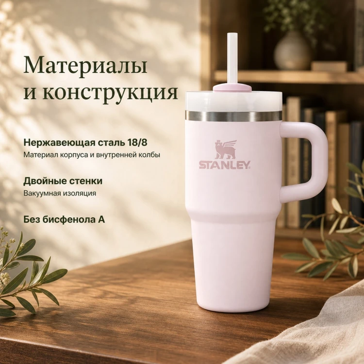 Термокружка Stanley Quencher H2.0, 0,59 л, с трубочкой, розовая