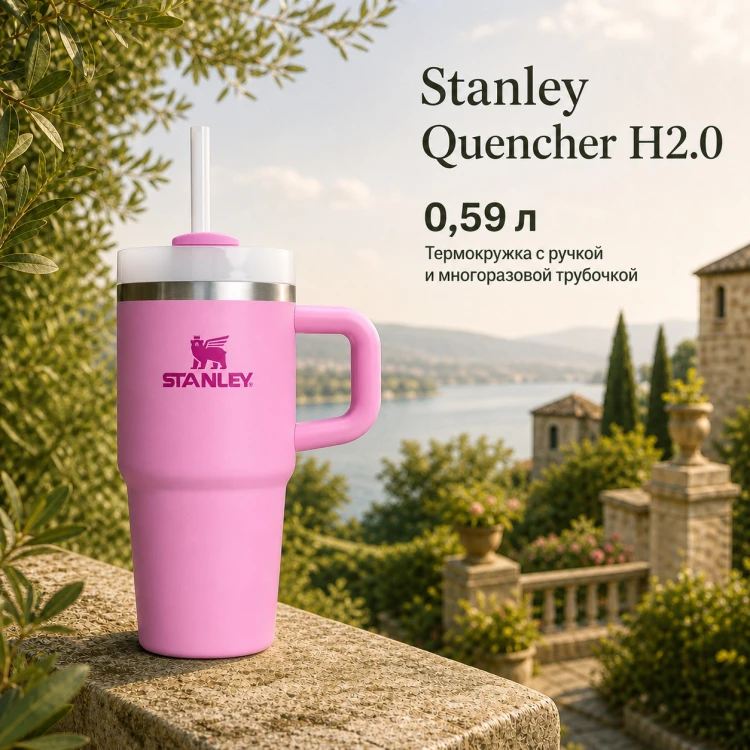 Термокружка Stanley Quencher H2.0, 0,59 л, с трубочкой, пионовая