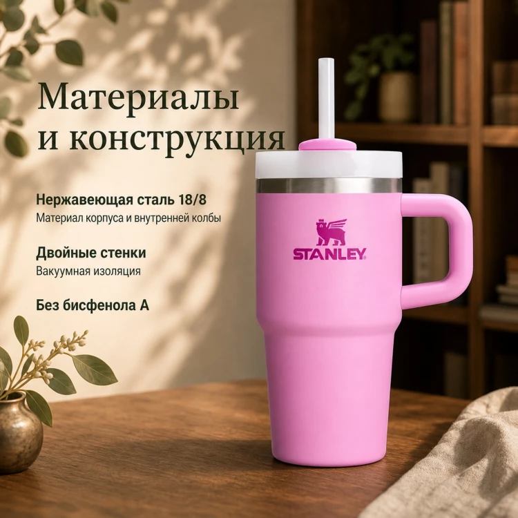 Термокружка Stanley Quencher H2.0, 0,59 л, с трубочкой, пионовая
